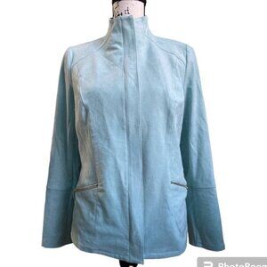 Chico’s Jacket Mock Neck Lt Teal Blue Soft Vegan Suede Zip Up Lace Up Sleeves S